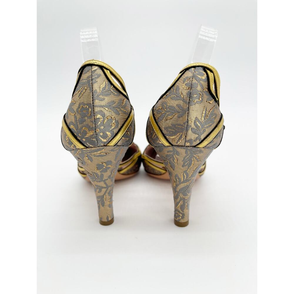 Prada Vintage Gold Floral Brocade Retro Baroque Strappy Square Toe Heels IT 40 - Picture 8 of 11